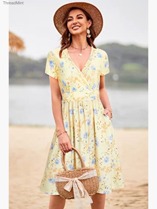 Soft Stretchy V-Neck Midi Dress with Pockets Floral Summer Casual - Picture 2 of 6